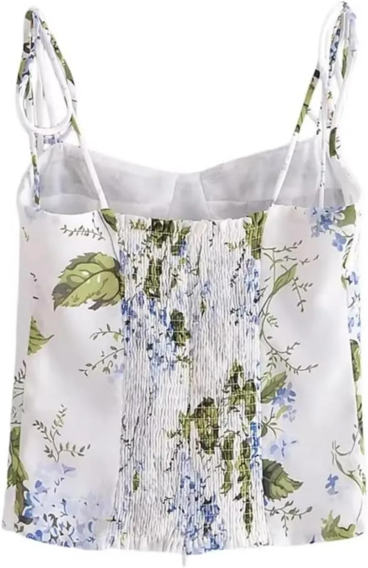 Women Summer Garden Flower Print Halter Vest Camisole with Stretch Lace-Up Patchwork Top