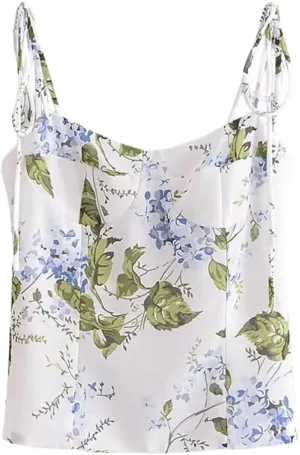 Women Summer Garden Flower Print Halter Vest Camisole with Stretch Lace-Up Patchwork Top