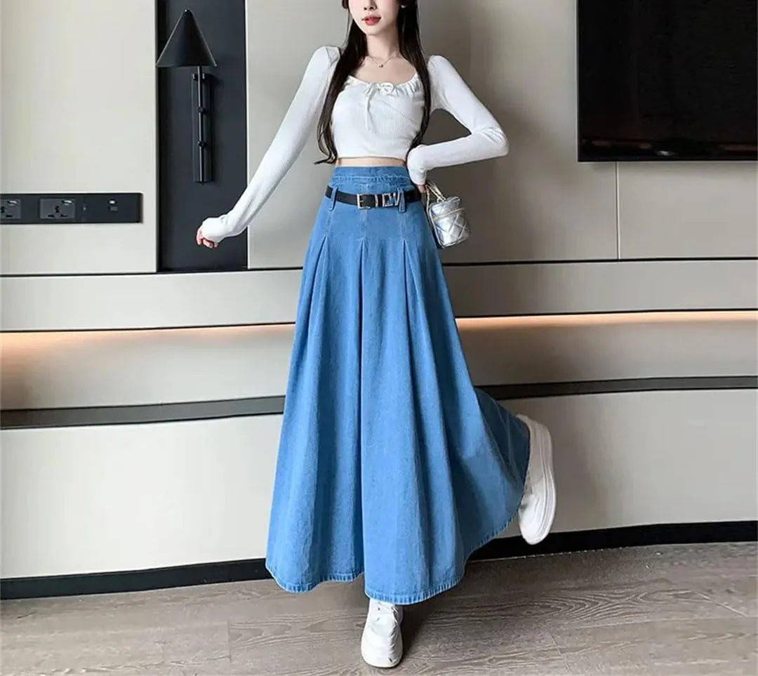 Women Summer High-Waisted Denim Skirt Medium-Length A- Line Umbrella Skirt