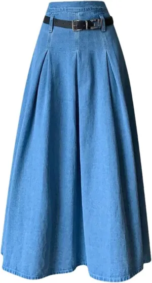 Women Summer High-Waisted Denim Skirt Medium-Length A- Line Umbrella Skirt