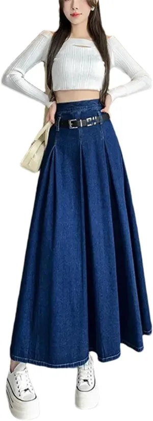 Women Summer High-Waisted Denim Skirt Medium-Length A- Line Umbrella Skirt