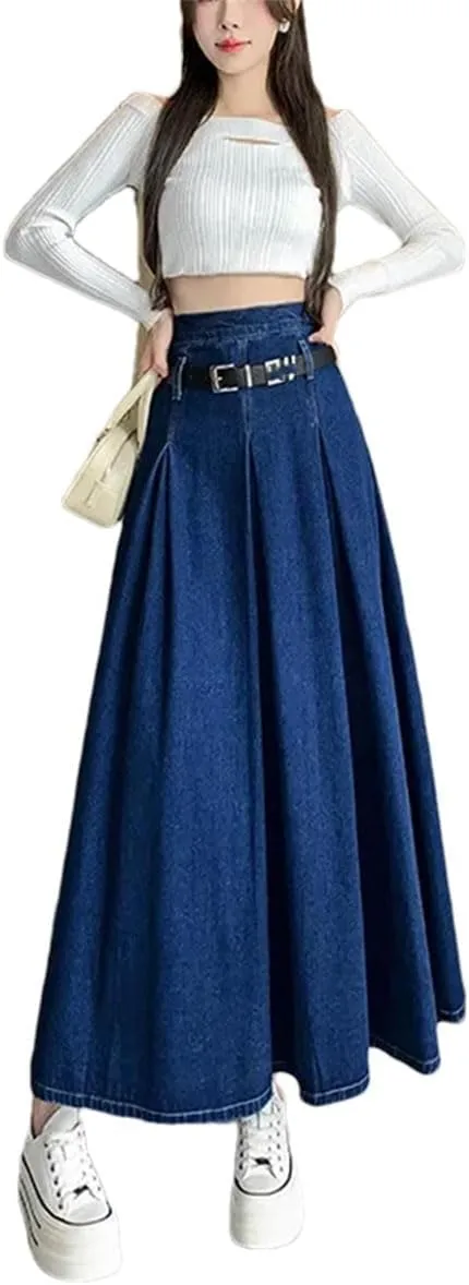 Women Summer High-Waisted Denim Skirt Medium-Length A- Line Umbrella Skirt