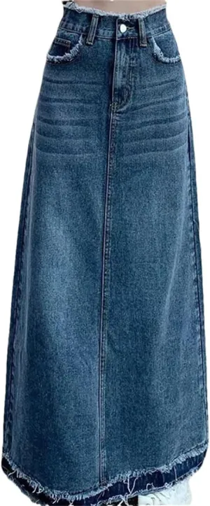 Women Summer Rough Edge Skirt Retro Casual High-Waisted A-Line Skirt Loose Denim Skirts