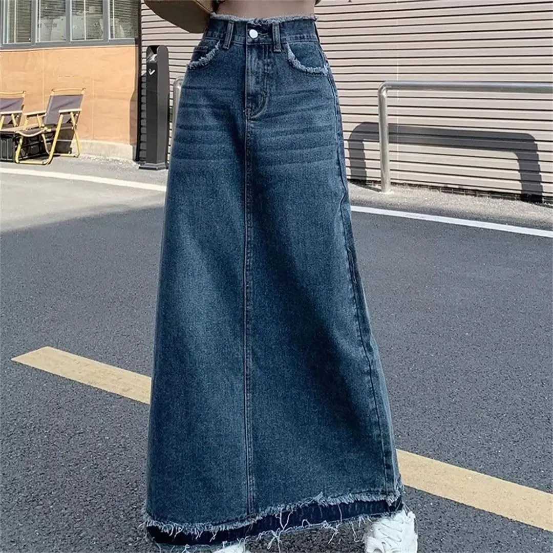 Women Summer Rough Edge Skirt Retro Casual High-Waisted A-Line Skirt Loose Denim Skirts