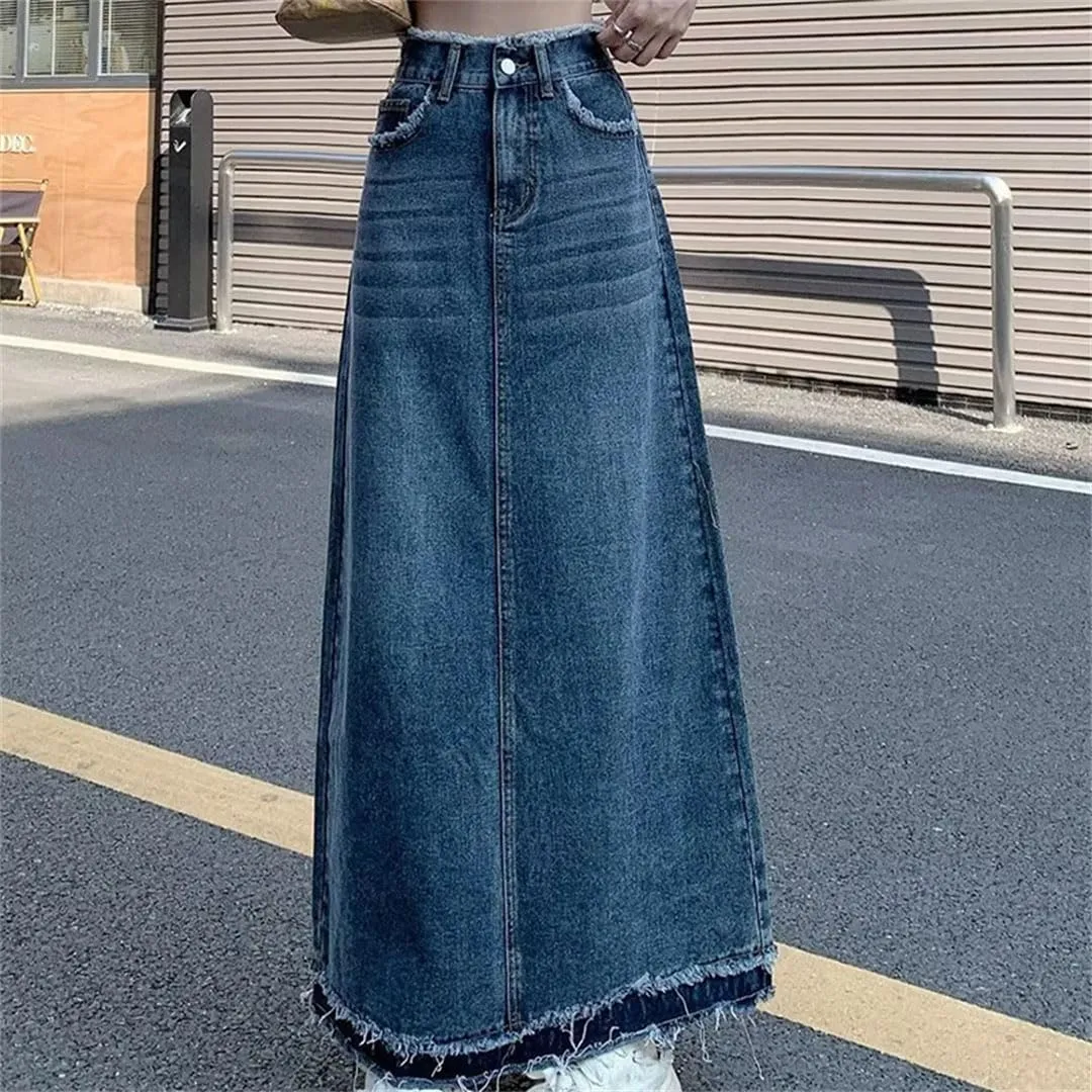 Women Summer Rough Edge Skirt Retro Casual High-Waisted A-Line Skirt Loose Denim Skirts