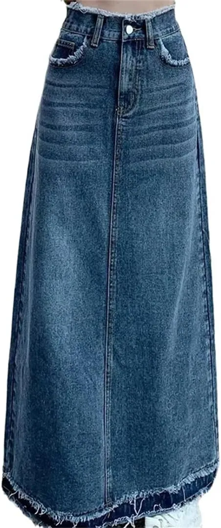 Women Summer Rough Edge Skirt Retro Casual High-Waisted A-Line Skirt Loose Denim Skirts
