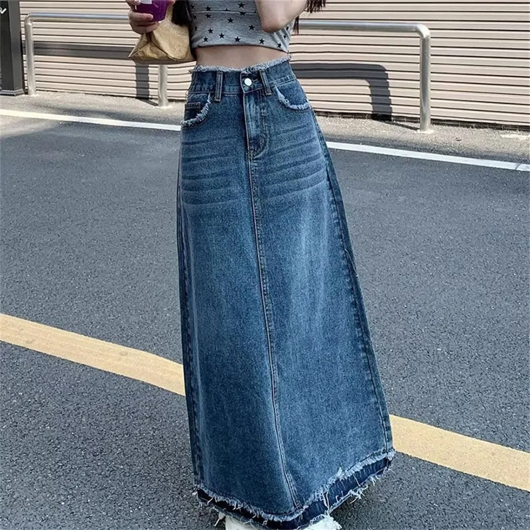 Women Summer Rough Edge Skirt Retro Casual High-Waisted A-Line Skirt Loose Denim Skirts