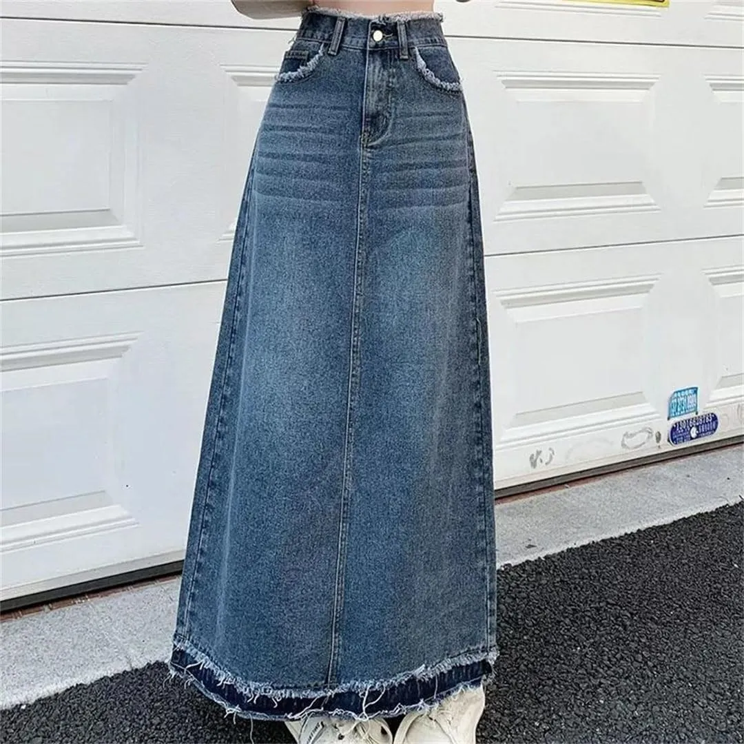 Women Summer Rough Edge Skirt Retro Casual High-Waisted A-Line Skirt Loose Denim Skirts