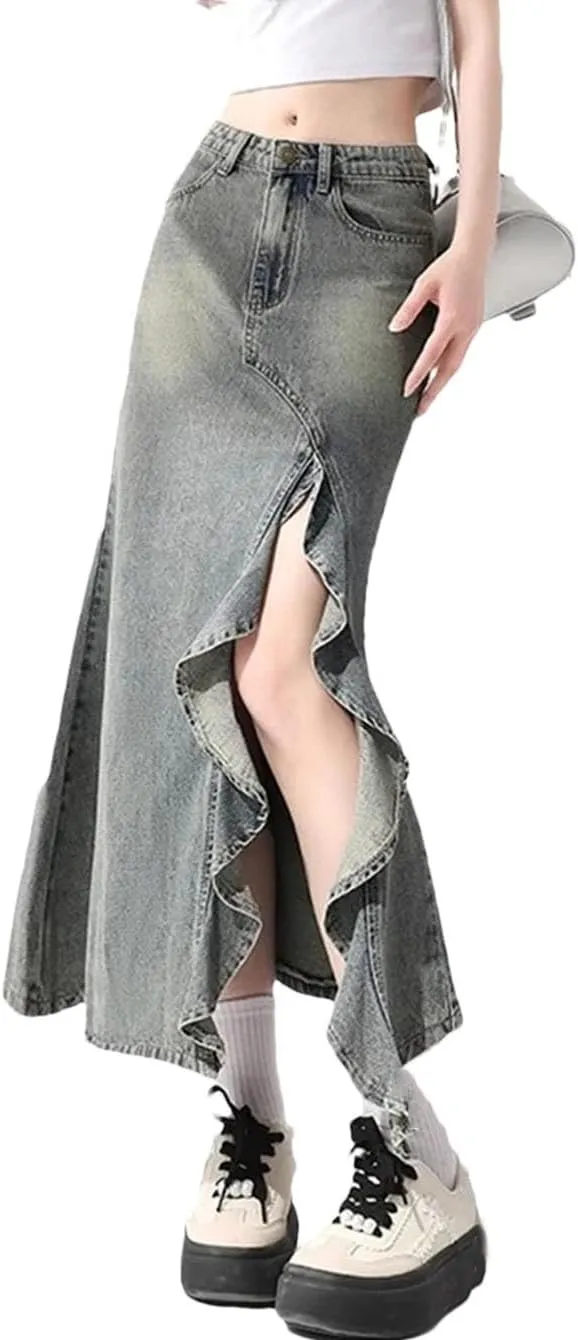 Women Summer Vintage Midi Denim Slit Trumpet Mermaid High Waisted Maxi Skirts