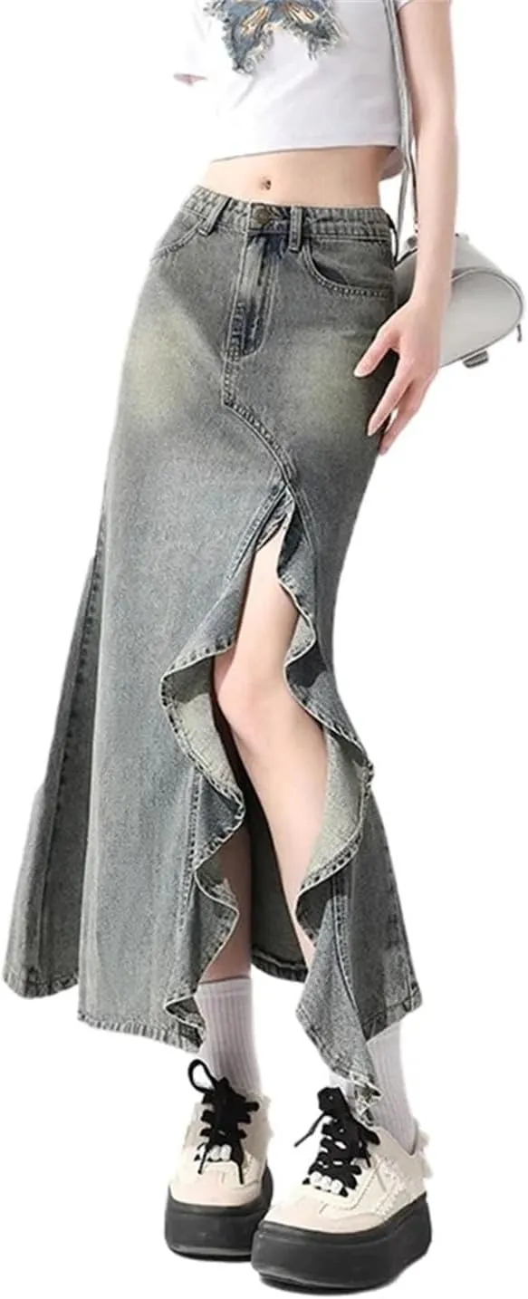 Women Summer Vintage Midi Denim Slit Trumpet Mermaid High Waisted Maxi Skirts