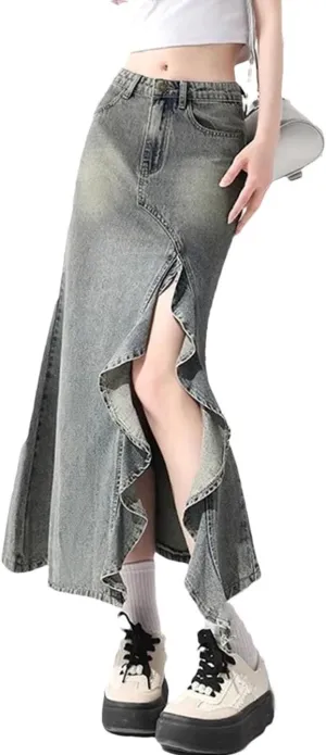 Women Summer Vintage Midi Denim Slit Trumpet Mermaid High Waisted Maxi Skirts