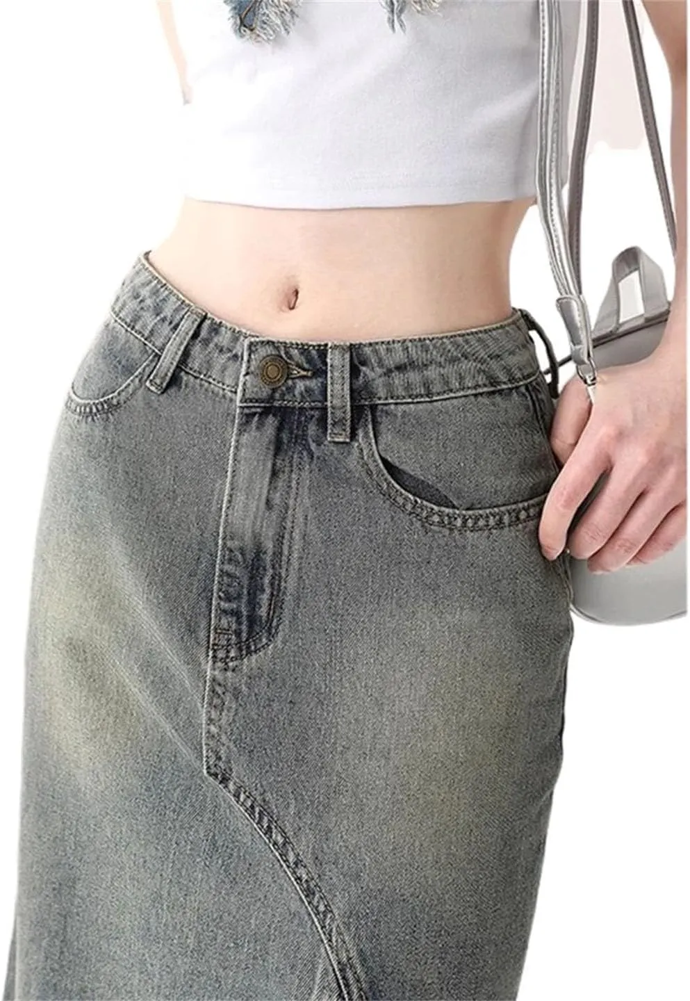 Women Summer Vintage Midi Denim Slit Trumpet Mermaid High Waisted Maxi Skirts