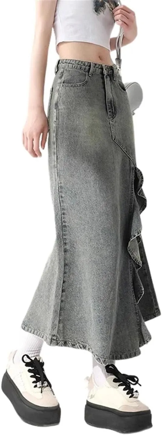 Women Summer Vintage Midi Denim Slit Trumpet Mermaid High Waisted Maxi Skirts