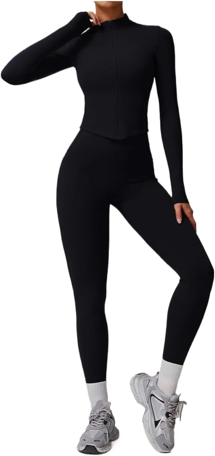 Women Tracksuit Yoga Set Workout Sportswear Gym Clothing High Waist Leggings Sports Suits(Advanced Black Set 4,M)