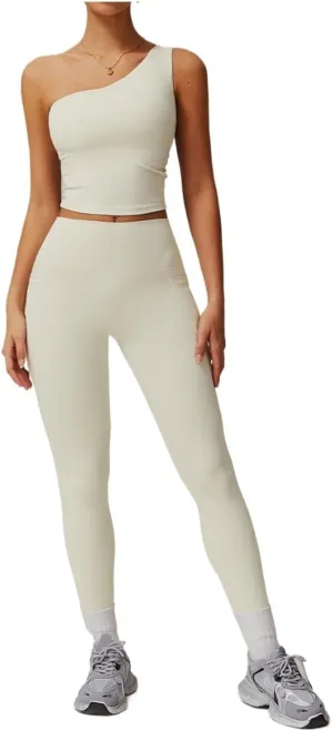 Women Tracksuit Yoga Set Workout Sportswear Gym Clothing High Waist Leggings Sports Suits(Cream Apricot Set 2,M)