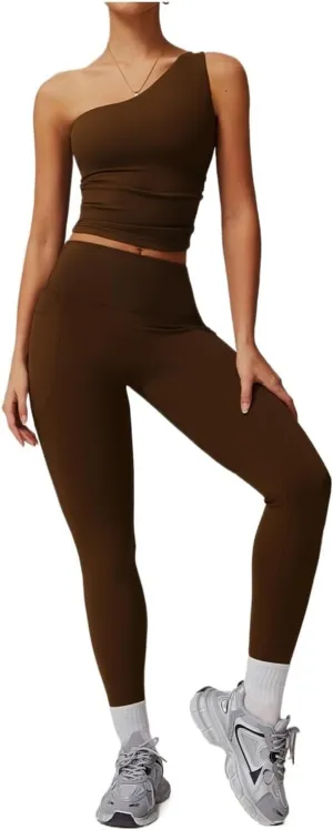 Women Tracksuit Yoga Set Workout Sportswear Gym Clothing High Waist Leggings Sports Suits(Huacha Brown Set 2,M)