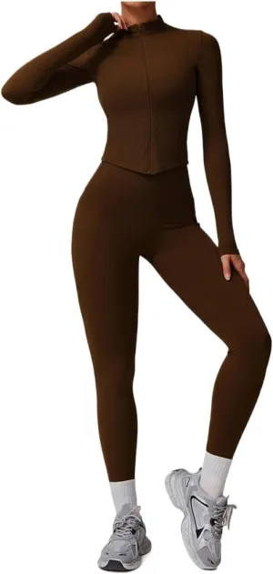 Women Tracksuit Yoga Set Workout Sportswear Gym Clothing High Waist Leggings Sports Suits(Huacha Brown Set 4,M)