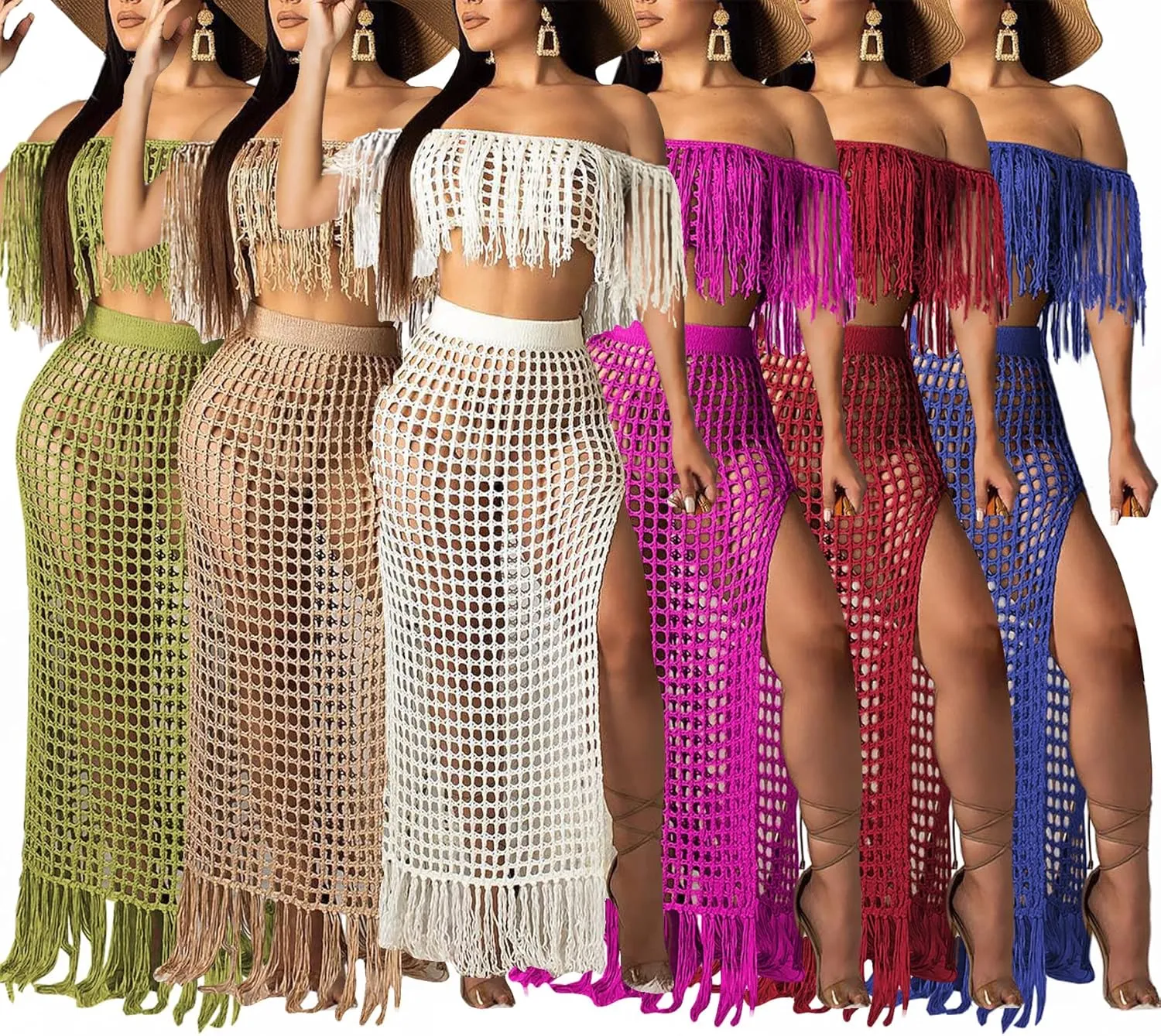 Women Two Piece Skirt Set Fringe Hollow Out Off Shoulder High Slit Bikini Beach Cover Up