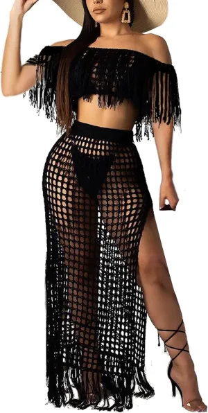 Women Two Piece Skirt Set Fringe Hollow Out Off Shoulder High Slit Bikini Beach Cover Up
