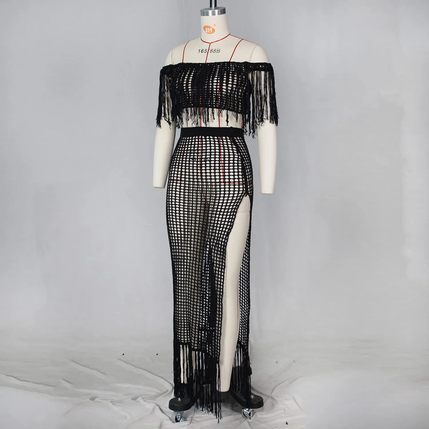 Women Two Piece Skirt Set Fringe Hollow Out Off Shoulder High Slit Bikini Beach Cover Up