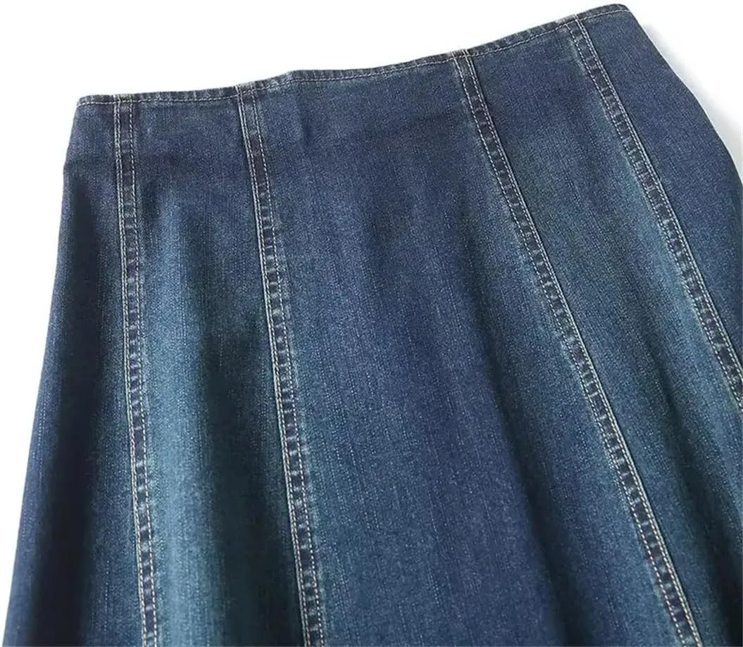 Women Vintage Denim Skirt High Waisted Patchwork Slim Casual A-LINE Midi Skirt