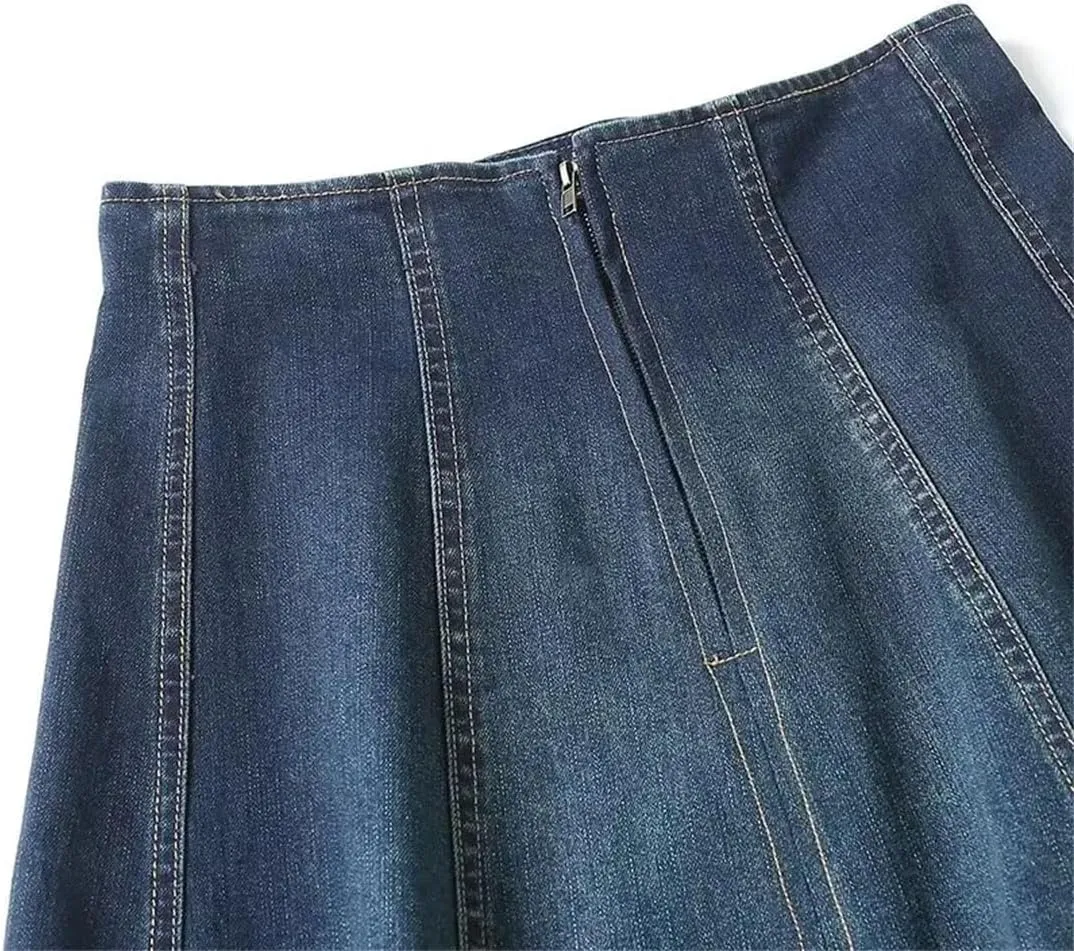 Women Vintage Denim Skirt High Waisted Patchwork Slim Casual A-LINE Midi Skirt