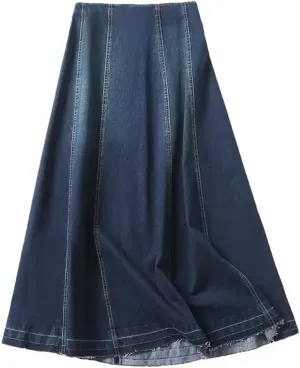 Women Vintage Denim Skirt High Waisted Patchwork Slim Casual A-LINE Midi Skirt
