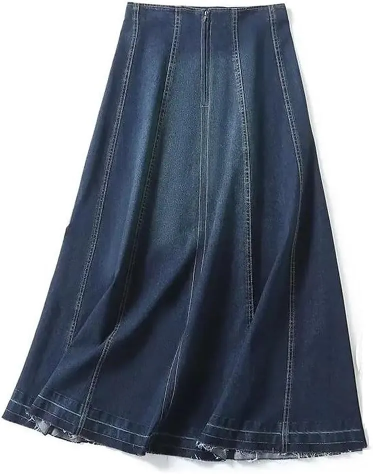 Women Vintage Denim Skirt High Waisted Patchwork Slim Casual A-LINE Midi Skirt