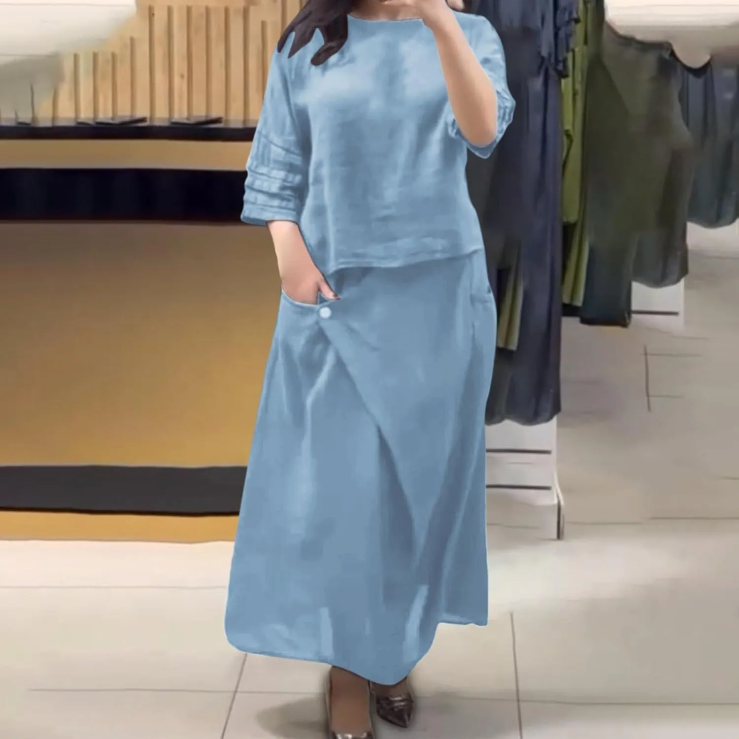 Women's 2 Piece Outfits Casual Skirt Sets Long Sleeve Tops Irregular Midi Skirts 2025 Matching Outfits