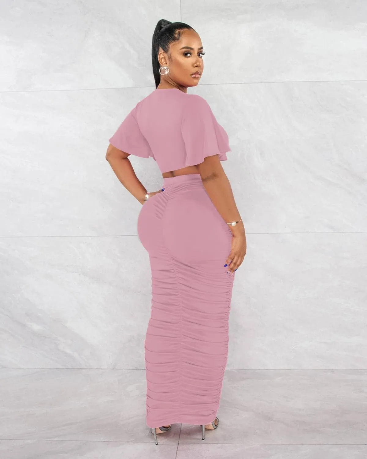 Women's 2 Piece Outfits Flare Sleeve Crop Tops Sexy Bodycon Jumpsuits Maxi Dresses Midi Ruched Skirt Sets