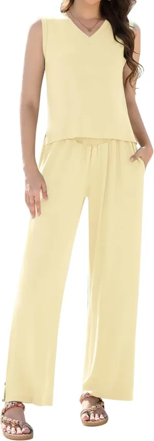 Womens 2 Piece Outfits Lounge Set Casual V Neck Sleeveless Top Wide Leg Pants Set Summer Trendy Clothes