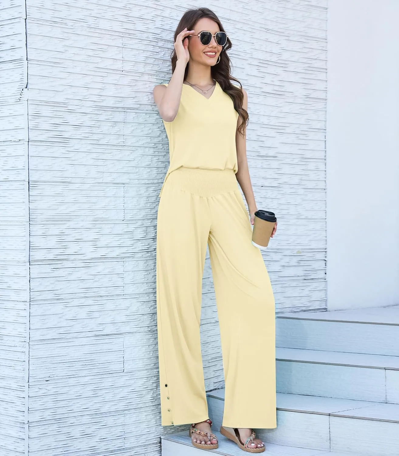 Womens 2 Piece Outfits Lounge Set Casual V Neck Sleeveless Top Wide Leg Pants Set Summer Trendy Clothes