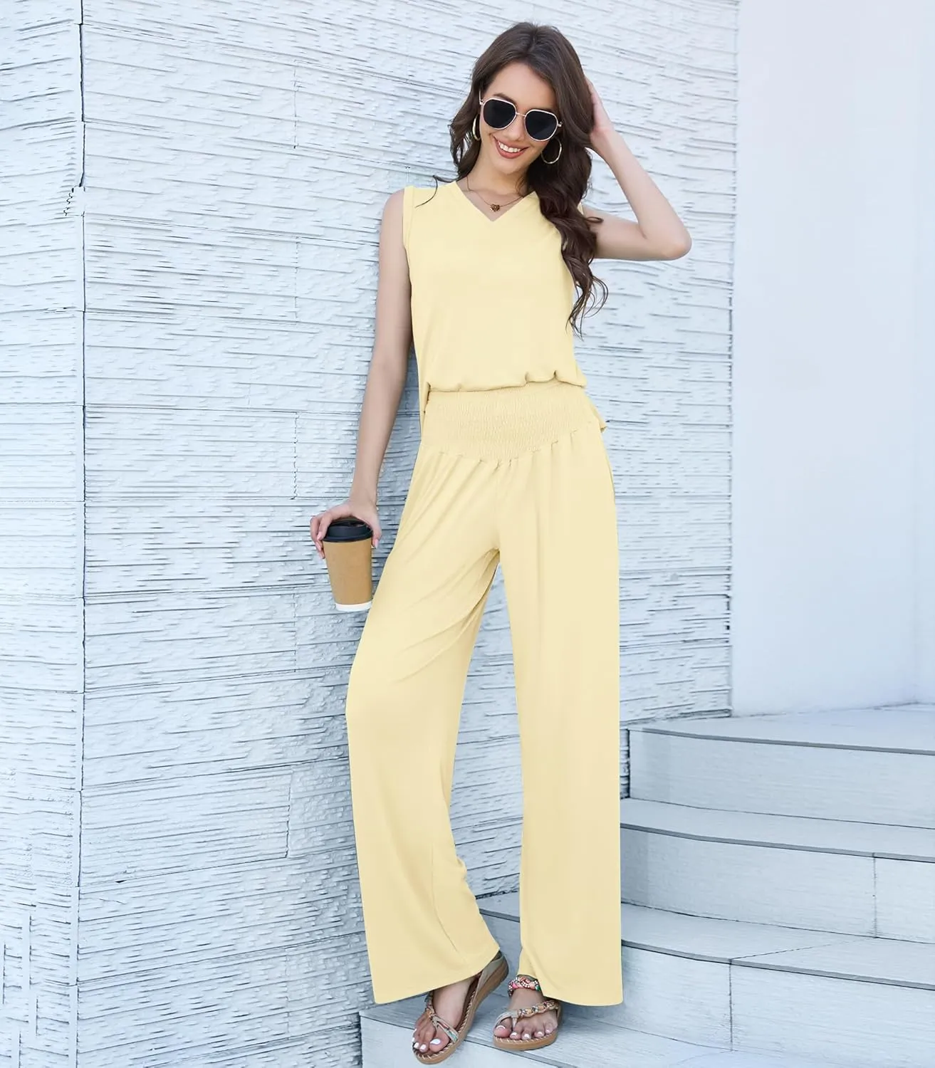 Womens 2 Piece Outfits Lounge Set Casual V Neck Sleeveless Top Wide Leg Pants Set Summer Trendy Clothes