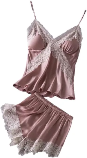 Women's 2-Piece Satin Lingerie Set - Lace Trim Camisole Shorts Nightwear, Elegant Sleepwear For Honeymoon