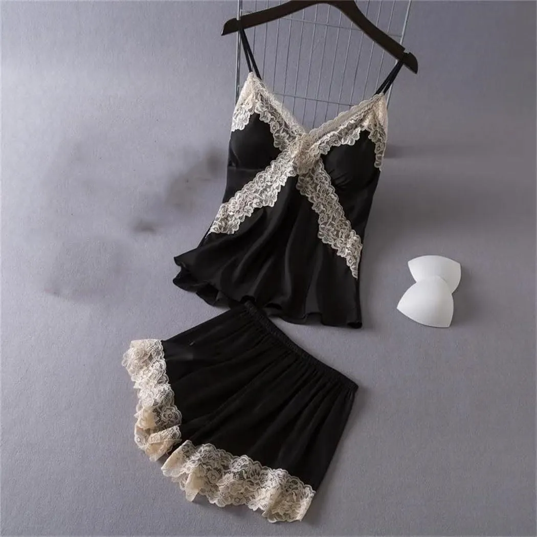 Women's 2-Piece Satin Lingerie Set - Lace Trim Camisole Shorts Nightwear, Elegant Sleepwear For Honeymoon