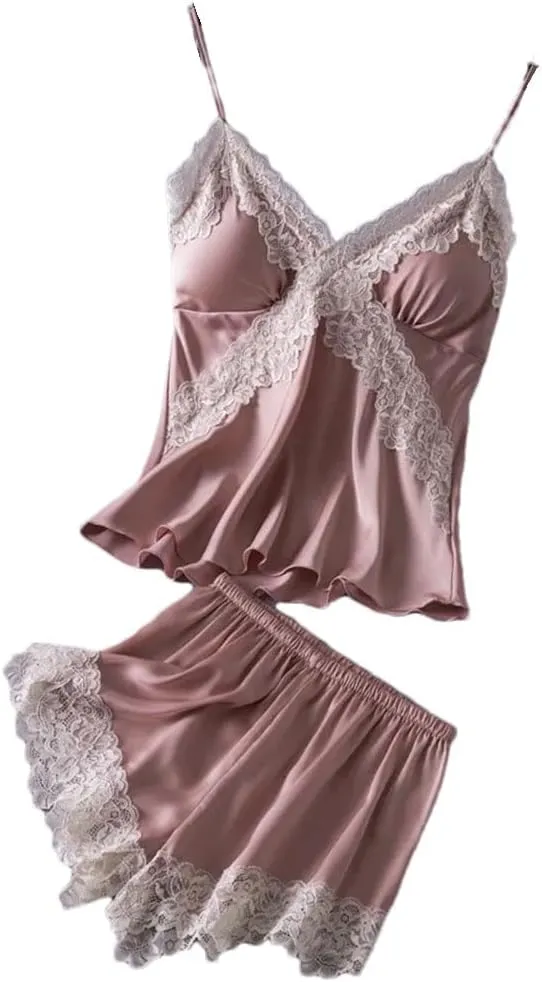 Women's 2-Piece Satin Lingerie Set - Lace Trim Camisole Shorts Nightwear, Elegant Sleepwear For Honeymoon