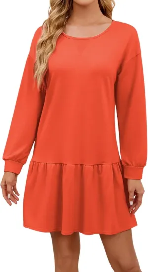 Womens 2025 Fall Long Sleeve Pullover Tops Crewneck Rib Knit Patchwork Sweatshirt Dress Ruffle Dress for Women