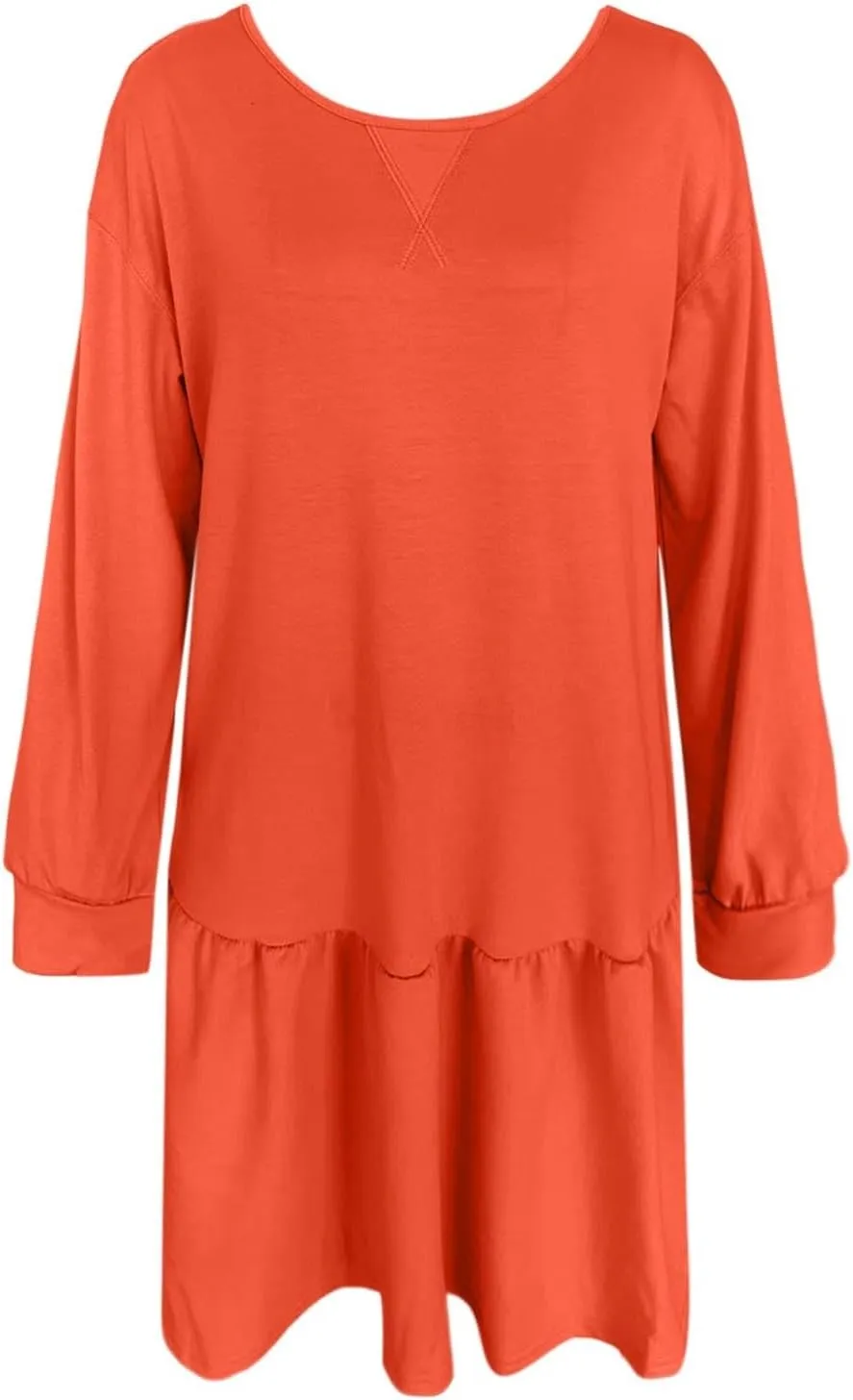 Womens 2025 Fall Long Sleeve Pullover Tops Crewneck Rib Knit Patchwork Sweatshirt Dress Ruffle Dress for Women