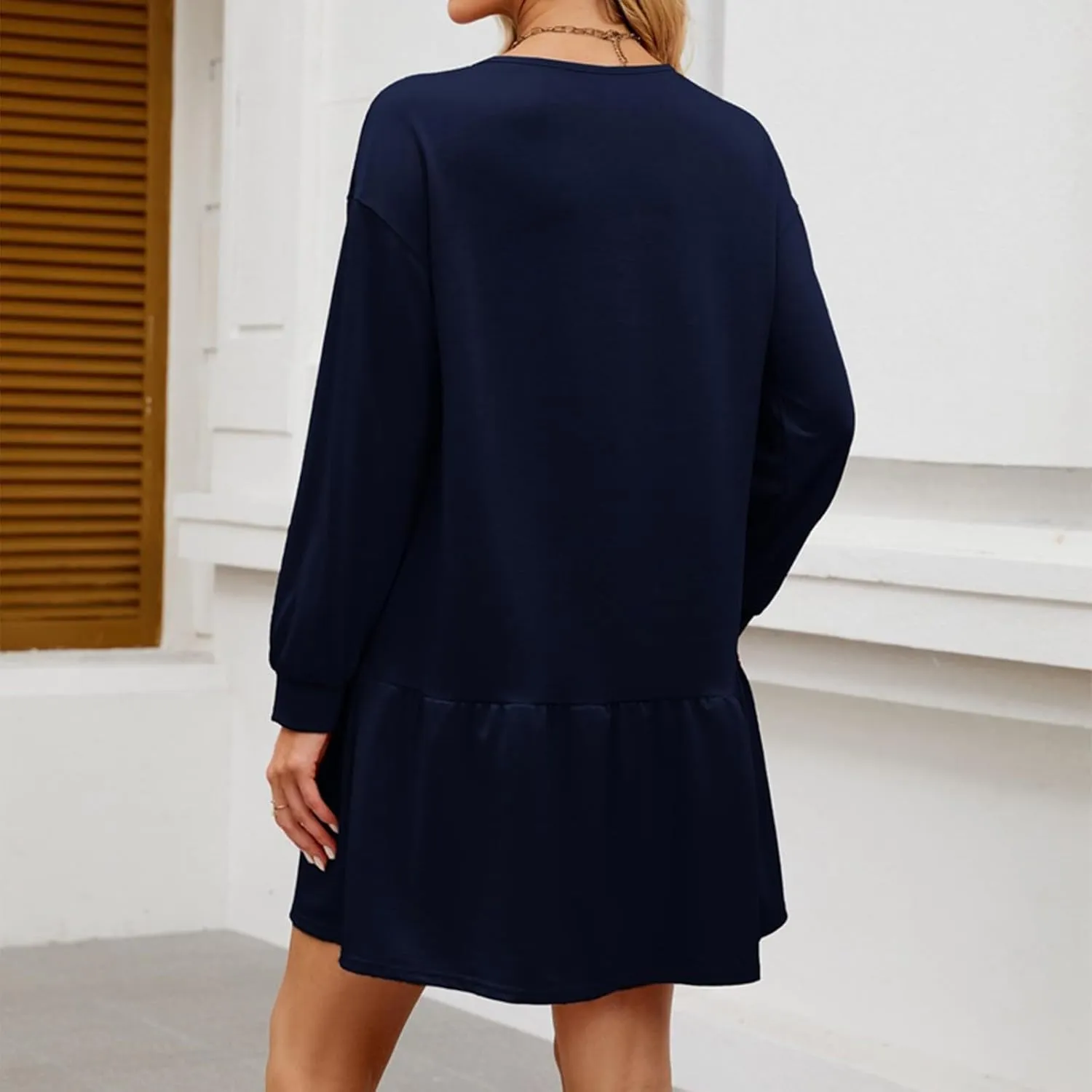 Womens 2025 Fall Long Sleeve Pullover Tops Crewneck Rib Knit Patchwork Sweatshirt Dress Ruffle Dress for Women