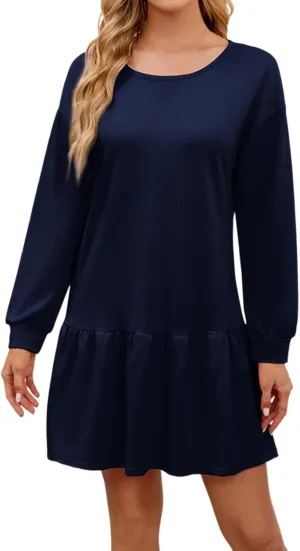 Womens 2025 Fall Long Sleeve Pullover Tops Crewneck Rib Knit Patchwork Sweatshirt Dress Ruffle Dress for Women