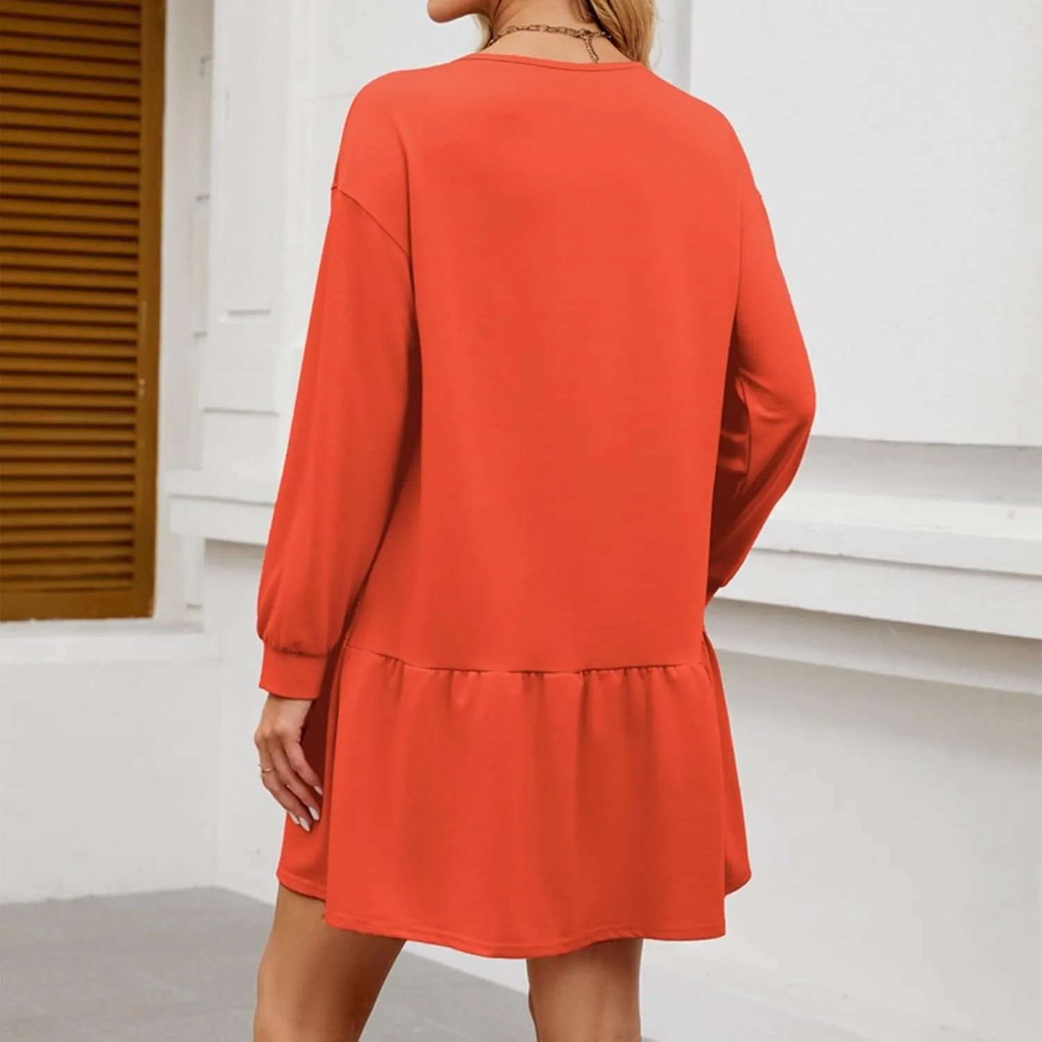 Womens 2025 Fall Long Sleeve Pullover Tops Crewneck Rib Knit Patchwork Sweatshirt Dress Ruffle Dress for Women