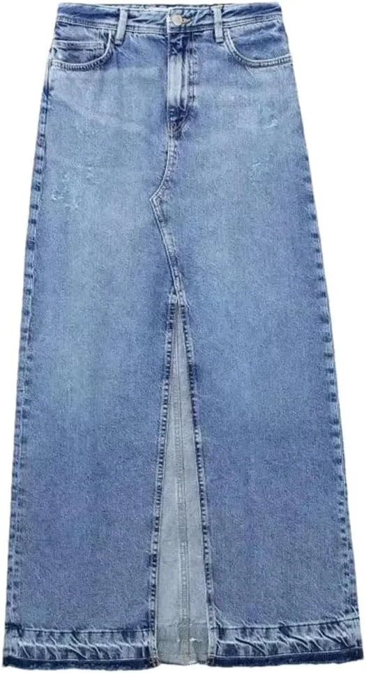 Women's A-LINE High Waisted Slit Jean Skirt Solid Long Denim Jean Skirt