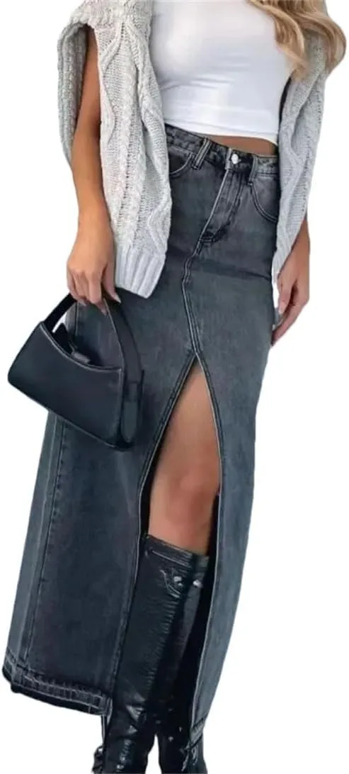 Women's A-LINE High Waisted Slit Jean Skirt Solid Long Denim Jean Skirt