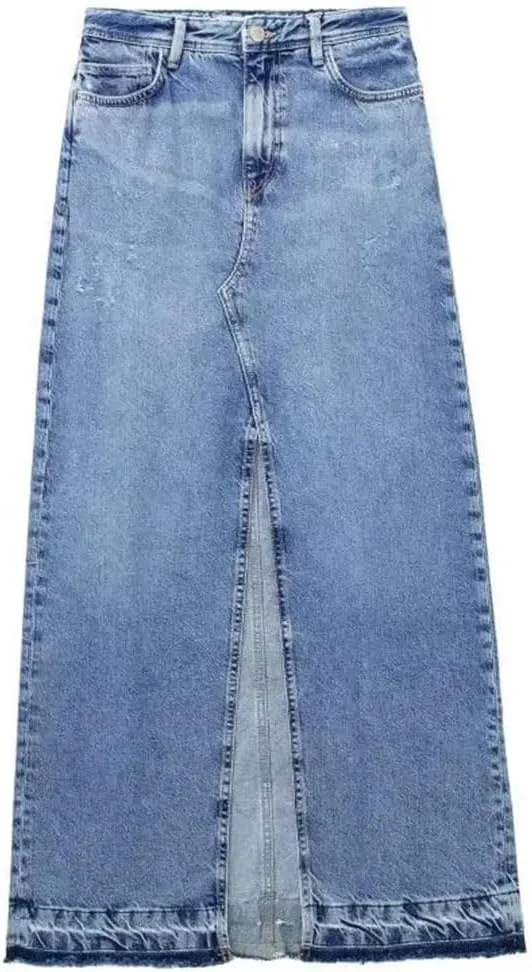 Women's A-LINE High Waisted Slit Jean Skirt Solid Long Denim Jean Skirt