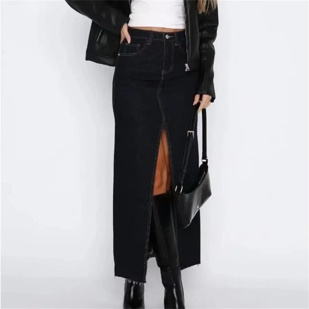 Women's A-LINE High Waisted Slit Jean Skirt Solid Long Denim Jean Skirt