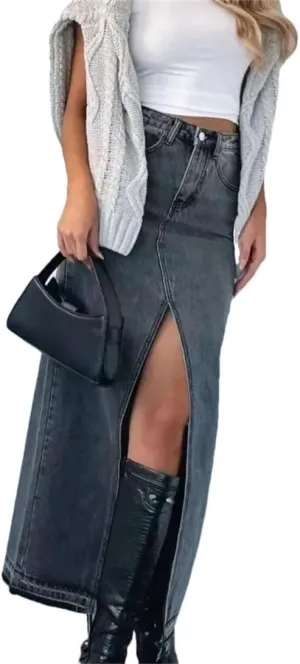 Women's A-LINE High Waisted Slit Jean Skirt Solid Long Denim Jean Skirt