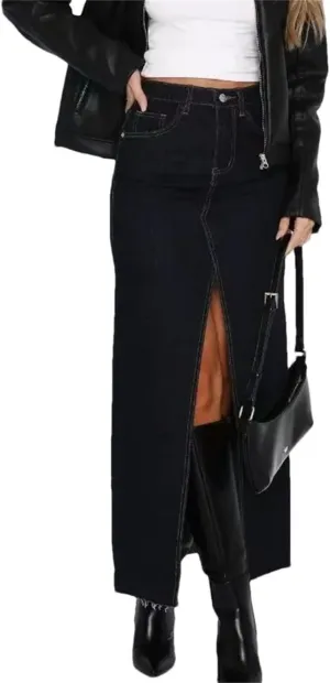 Women's A-LINE High Waisted Slit Jean Skirt Solid Long Denim Jean Skirt