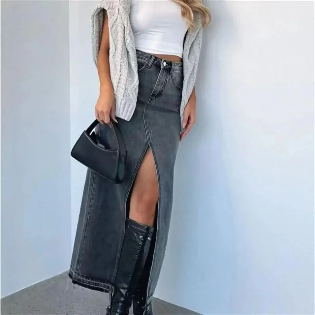 Women's A-LINE High Waisted Slit Jean Skirt Solid Long Denim Jean Skirt