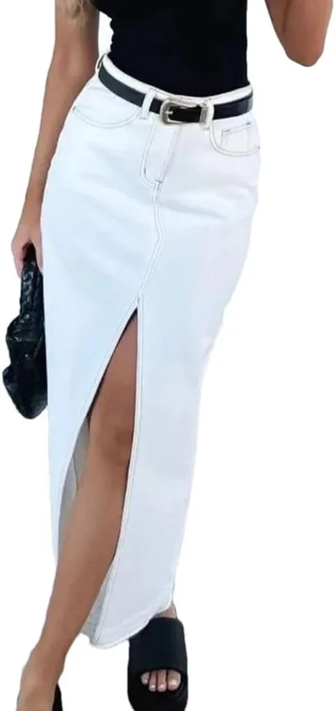 Women's A-LINE High Waisted Slit Jean Skirt Solid Long Denim Jean Skirt