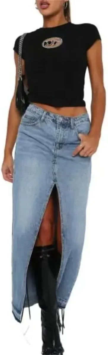 Women's A-LINE High Waisted Slit Jean Skirt Solid Long Denim Jean Skirt